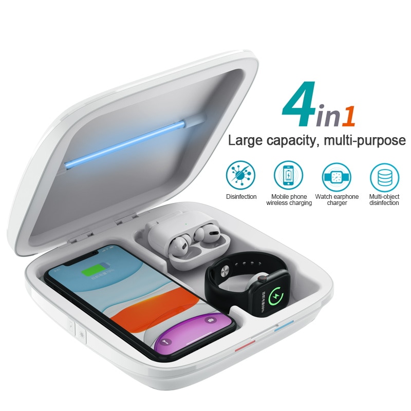 4in1 qi caixa de esterilização carregador sem fio esterilizador do telefone caixa luz uv desinfecção para iphone 11 pro apple relógio para airpods