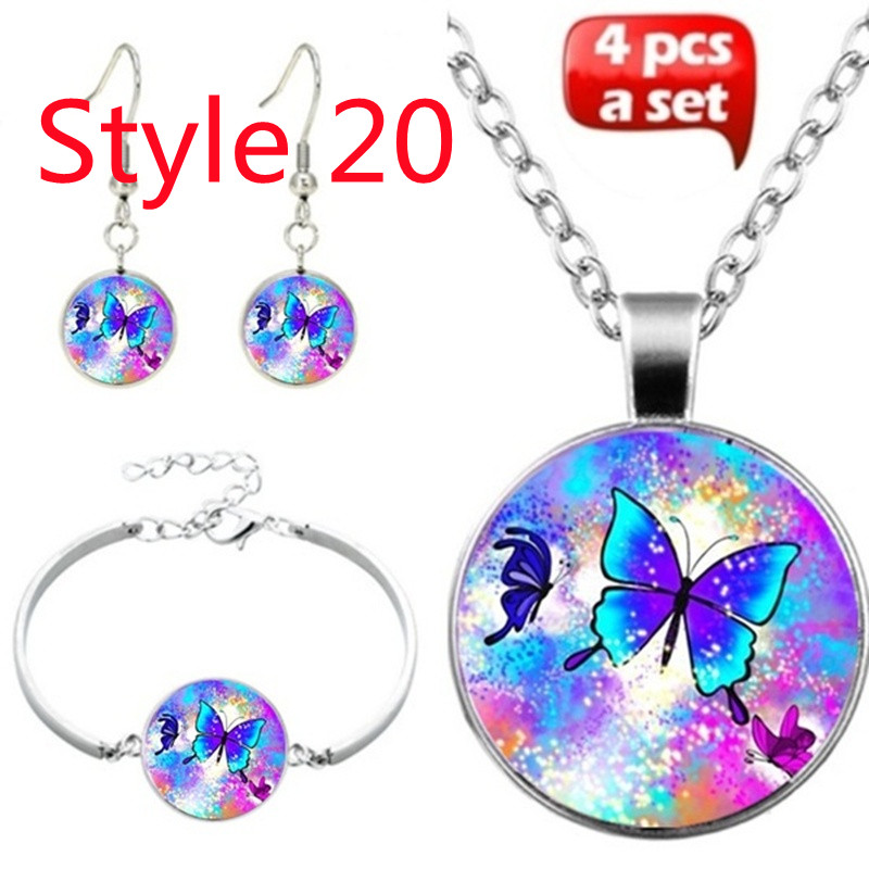 Tegel Sieraden Vlinder Glas Cabochon Ketting Stud Oorbellen Armband Set Totally 4Pcs Boom Celestial Vrouwen Sieraden Set: Style 20