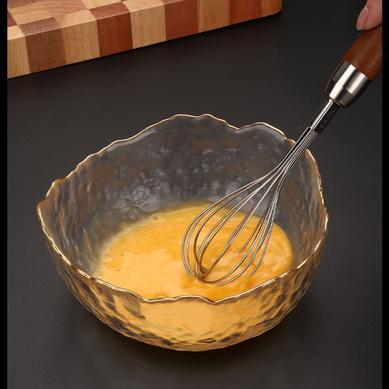 Batedor de ovos de aço inoxidável 304, misturador manual, creme de ovo, leite em pó, ferramenta de cozimento, cabo de madeira, sensação boa