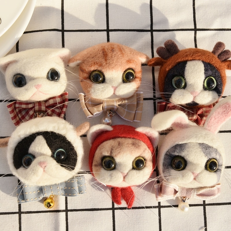 Broche en feutre Animal de poche pour femme, Kit de points d&#39;aiguille en laine de chat Siam, insignes de tête de chat, à faire soi-même