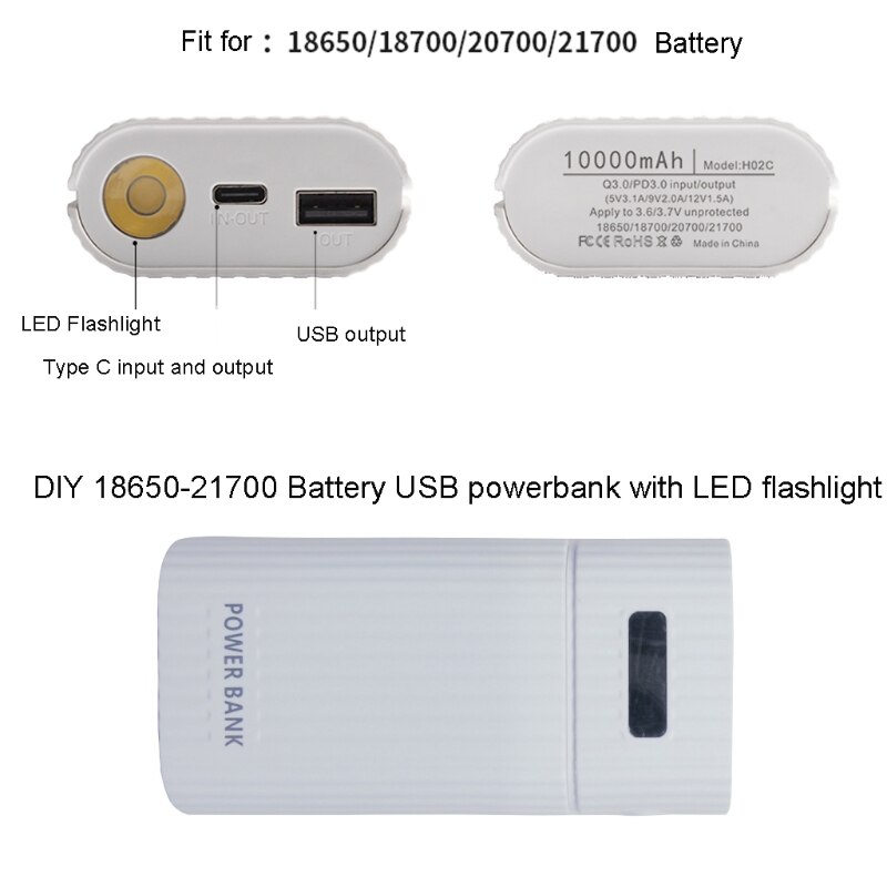 18650 21700 Batterij Power Bank Diy Case Met QC3.0 Usb + Type C Pd Output Batterij Shell Met Led zaklamp Diy Power Case