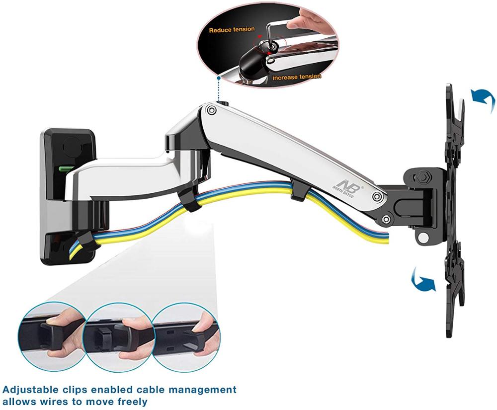 NB North Bayou Black F300 Full Motion Monitor Wall Mount TV Bracket with Adjustable Gas Spring for 24"-35" LED LCD Monitor TV
