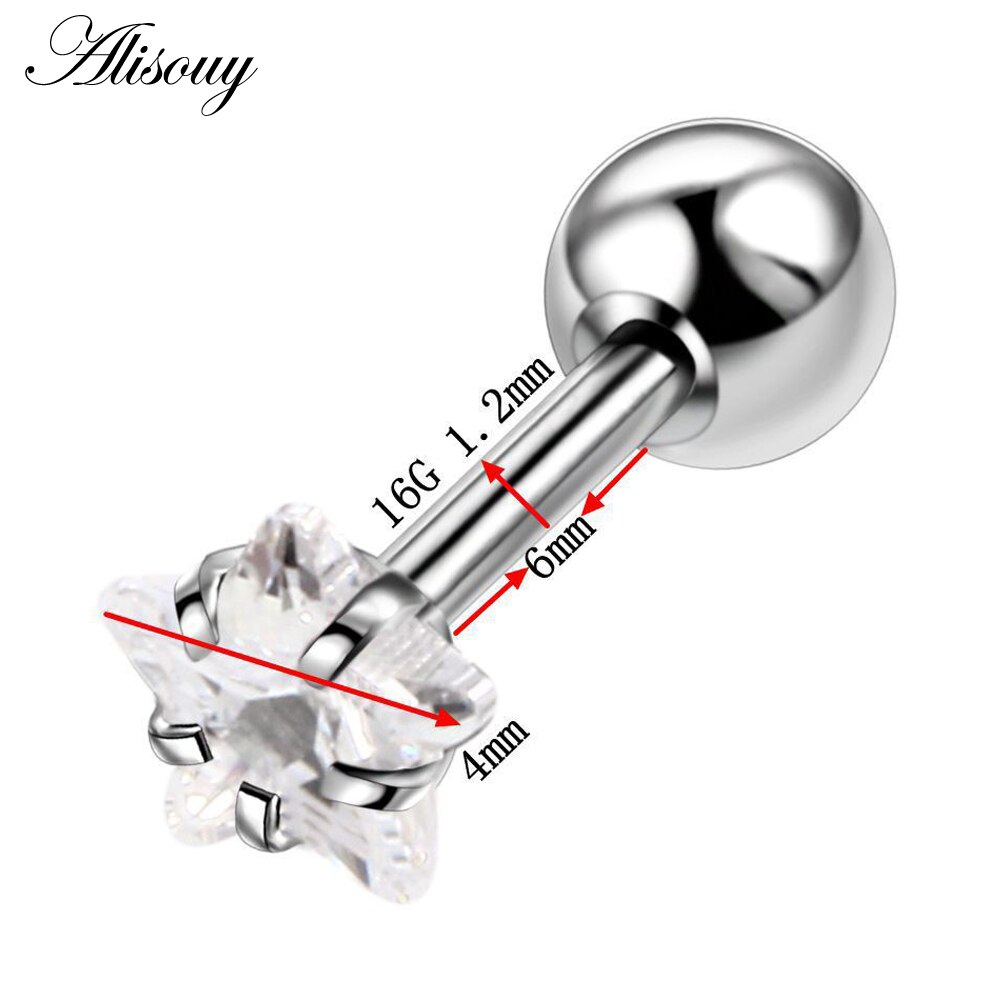 Alisouy 2pcs Star Prong set Zircon Ear Cartilage Piercing Tragus Helix Studs Piercing 1.2x6x4/4mm Stainless Steel girl Earrings