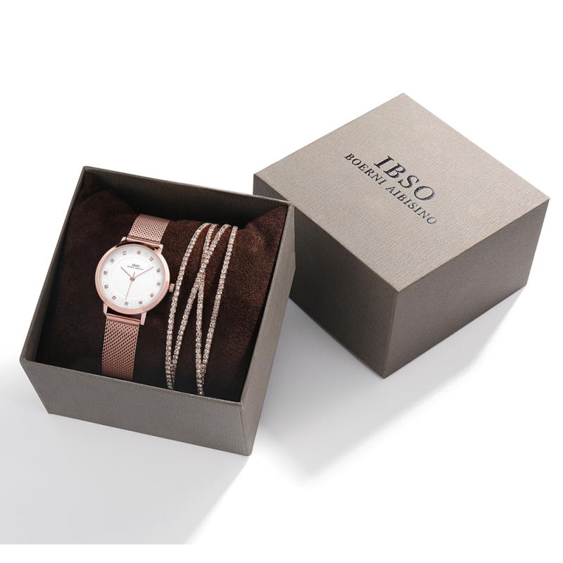 IBSO – ensemble de montres Ultra fines pour femmes, 8mm, maille or Rose, bracelet en acier inoxydable, à Quartz, horloge, pour dames