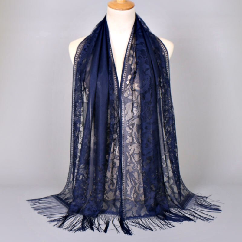 Hollow Out Flower Lace Hijab Sjaal Vrouwen Effen Kleur Vlakte Moslim Hoofd Haar Sjaals Wraps Winter Wit Zwart Rood: Marineblauw