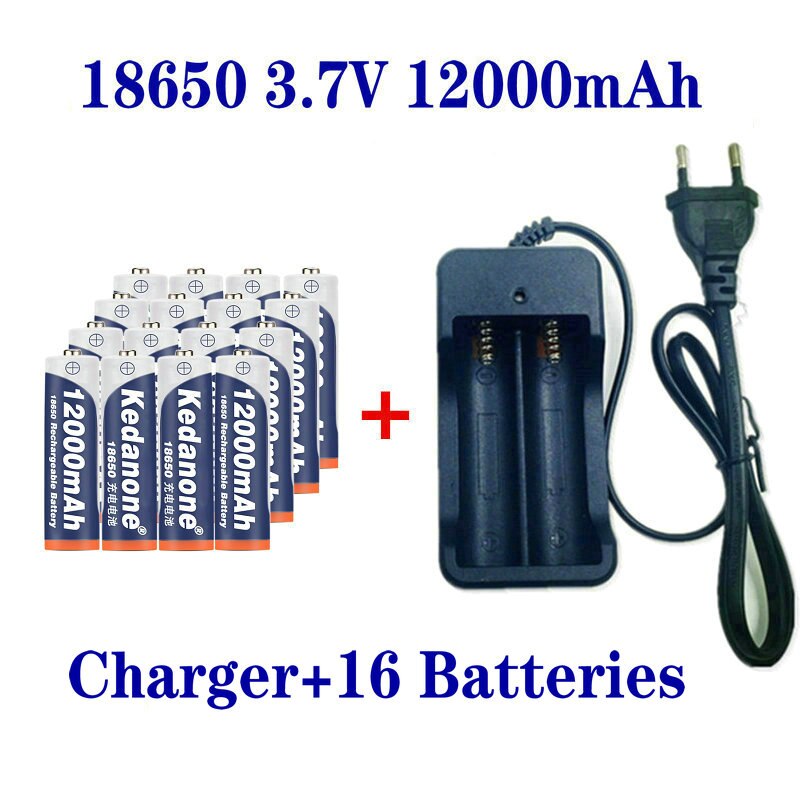 18650 Battery Rechargeable Battery 3.7V 18650 12000mAh Capacity Li-ion Rechargeable Battery For Flashlight Torch Battery+Charger: 16pcsCharger