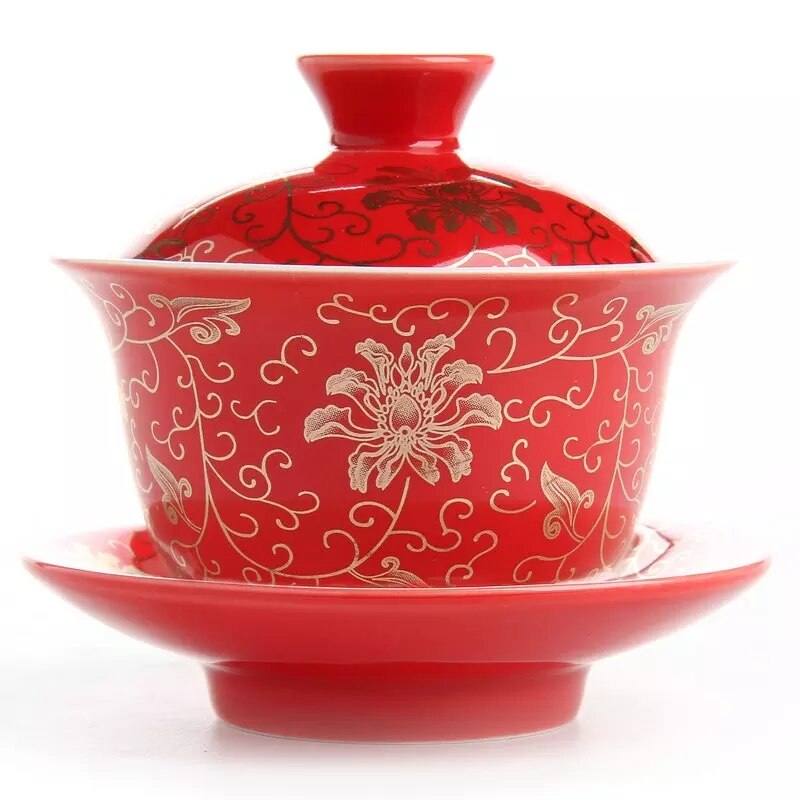 Kinesisk testel drage og føniks bryllup rød gaiwan keramisk testel terrin jingdezhen porcelæn te låg skål spisestel kopper: Guld ratton