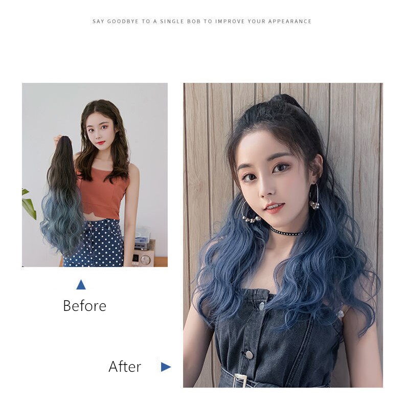 Ponytail Colorful Ombre Synthetic Ribbon Clip in Women Hair Extension Wavy Curly Hairpiece Pony Tail Blue Pink Purple Hairstyle