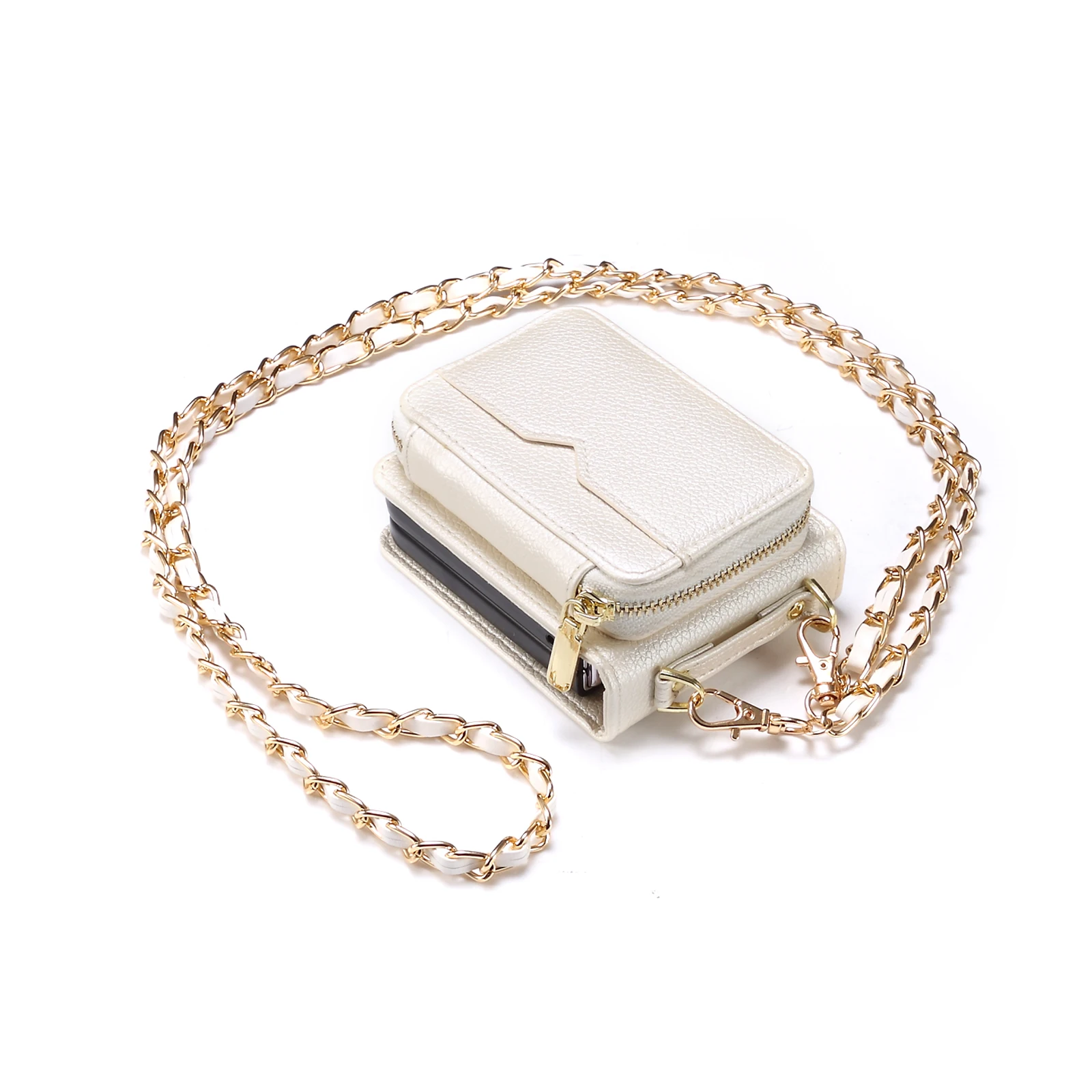 Crossbody lederen tas voor Samsung Galaxy Z Flip 6 5 4 3 5G Flip6 ritskaarten Solt portemonnee metalen ketting zaktas portemonnee cover: Katoenen stof / WHITE