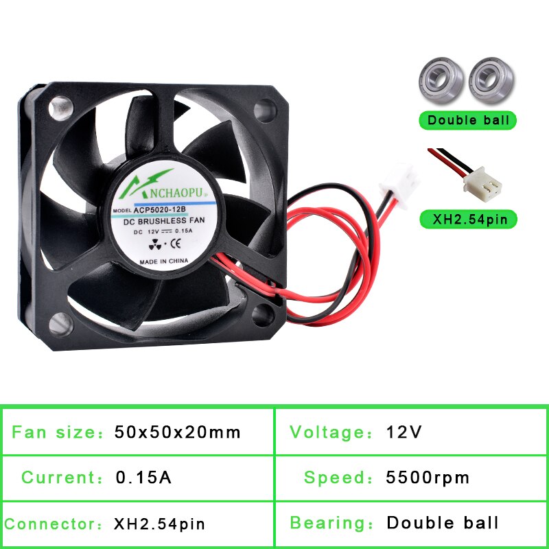 ACP5020 5Cm 50Mm Fan 50X50X20Mm DC5V 12V 24V 2pin Koelventilator geschikt Voor Chassis Voeding Lader Printer Inverter: 12V Double ball