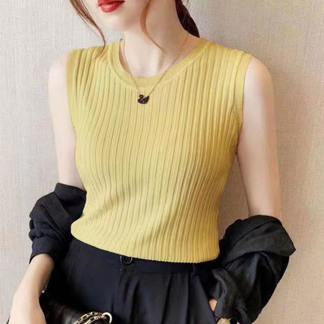 Haut en tricot sans manches à col rond pour femme, décontracté et fin, couleur unie, à la , printemps été: YELLOW