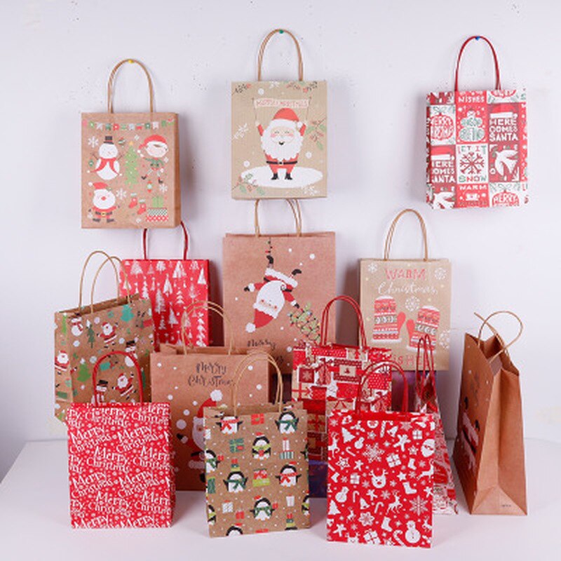 Merry Christmas Bags Kraft Paper Handbag Bag Xmas Tree Snowflake Christmas Candy Box Year Kids Favors Packaging Bag