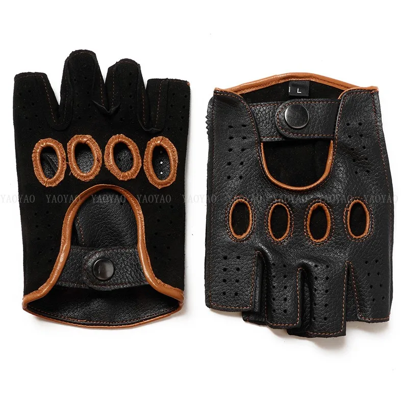 Guantes de cuero puro Real de para hombre, Guantes finos de medio dedo para Fitness, Guantes elegantes de dos colores para conducir, montar en gimnasio, sin forro
