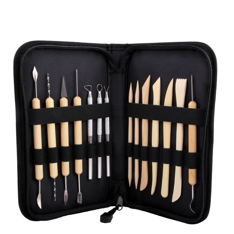 14pcs Clay Sculpture & Ceramics Tool Set With Canvas Zippered Case Wooded Steel Pottery Tool All-in-one Beginner's Starter Kit