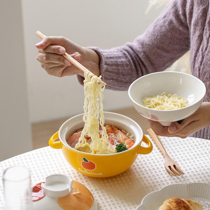 Bol à nouilles instantanées en céramique avec couvercle, cochon mignon Panda Ramen chat Kawaii grand bol à salade soupe aux fruits bol de cuisine, vaisselle