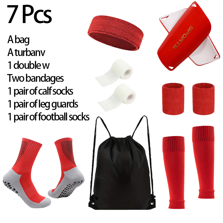 7- delad dragskoväska för män, fotbollsstrumpor, benskydd, 1 par vadstrumpor, 2 armband, 1 par bandage och pannband: Röd