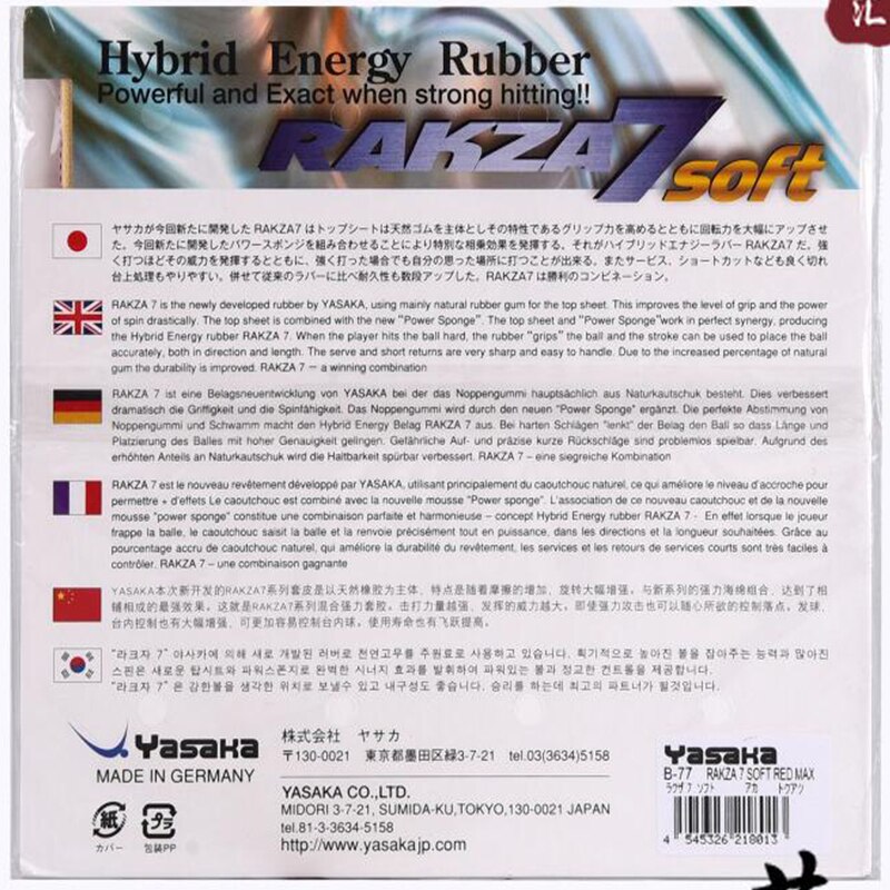 Oryginalna guma do tenisa stołowego yasaka RAKZA 7 soft (B-77) i RAKZA 7 (B-76) wykonana z gumy energetycznej do rakieta do tenisa stołowego