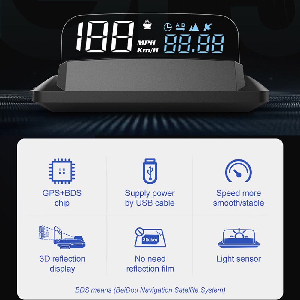G3 bil hud km / t mph gps speedometer overhastighed advarsel træthed påmindelse højde meter head up display