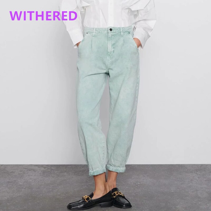 Jenny &amp; Dave Boyfriend Jeans Vintage Lichtgroen Effen Losse Mom Jeans Vrouw Hoge Taille Jeans Geplooide Raap Denim Broek voor Vrouwen: Turquoise / 36