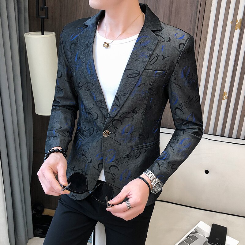 Blazer Jacket Men Print Casual Slim Blazer Suit Jacket Spring Male Business Prom Wedding Costume Homme: Dark grey / Korean M