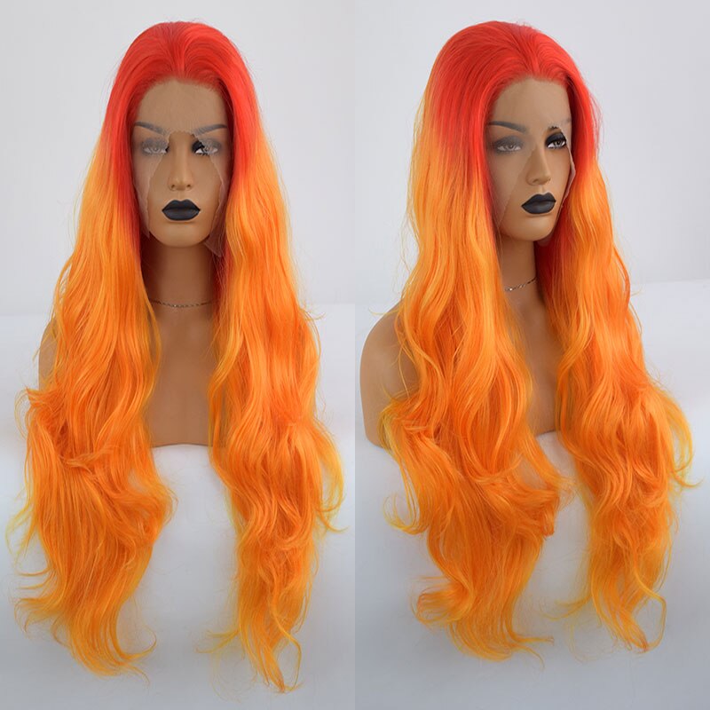 Bombshell Red Ombre amarillo, Peluca de pelo sintético naranja con malla frontal Body Wave fibra resistente al calor pelo División media para peluca de mujer