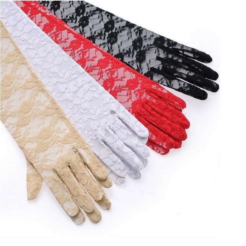 Guantes rosas de boda económicos para mujer, guantes largos de novia, guantes de encaje blanco puro, guantes para el dedo para novia, accesorios de longitud al codo