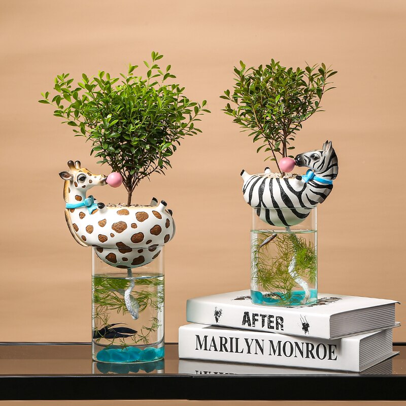 Harpiks dyrehoved vase med akvarium boble naturlig kaktus sukkulente planter urtepotter dekoration zebra giraf håndværk