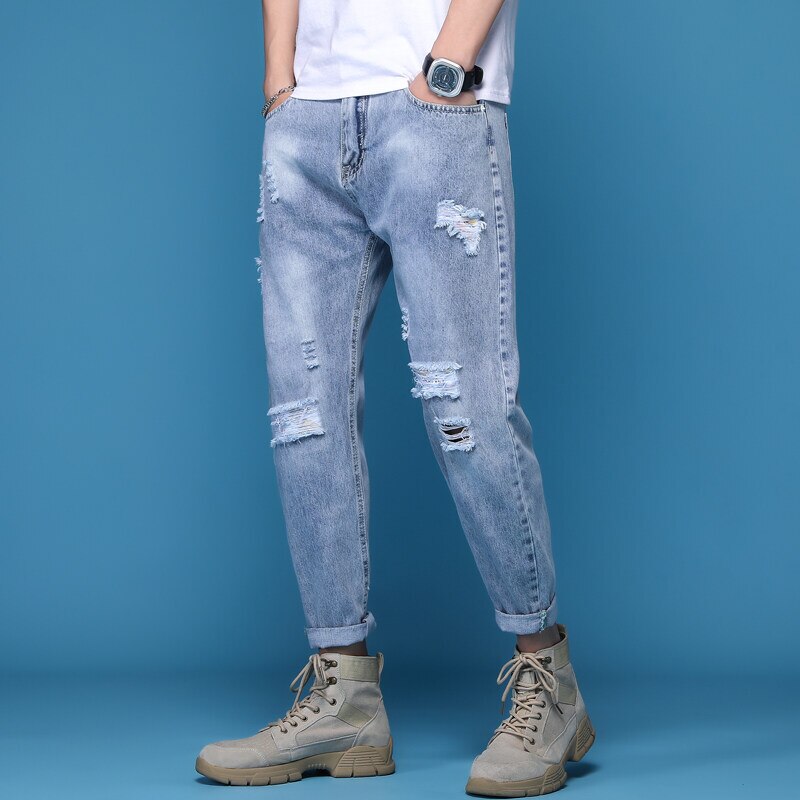 Ripped Jeans for men Stretch Nine Hole Pants