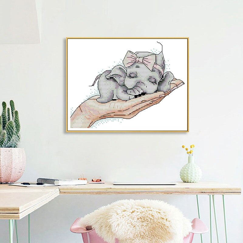 Borduurpakketten Stamped Voor Volwassenen Beginner Kids 11CT Diy Handgemaakte Borduren Handwerken Kit- Baby Olifant 27X22cm