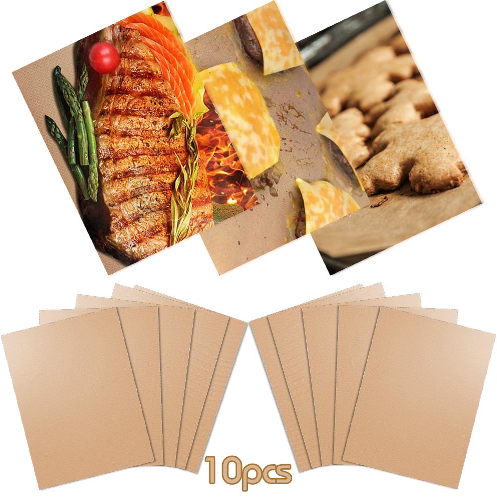 10 Pcs BBQ Grill Mat Non-Stick Bakeware Cloth PTFE Teflon Baking Mat Heat Resistance Grill Oil Pad Outdoor Oven Tool Portable