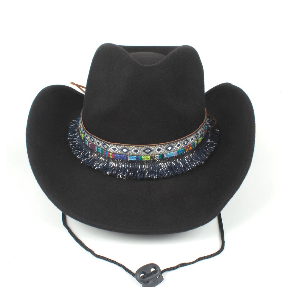 Kvinder uld hule vestlige cowboy hat bred skygge dame kvast outblack fedora sombrero hombre jazz cap: Sort