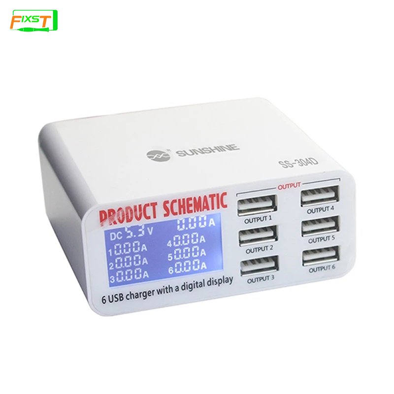 SUNSHINE SS-304D Mini 6 Port USB Smart Charger Support Wireless Charging with LCD Display For Mobile Phone Charging Repair Tools