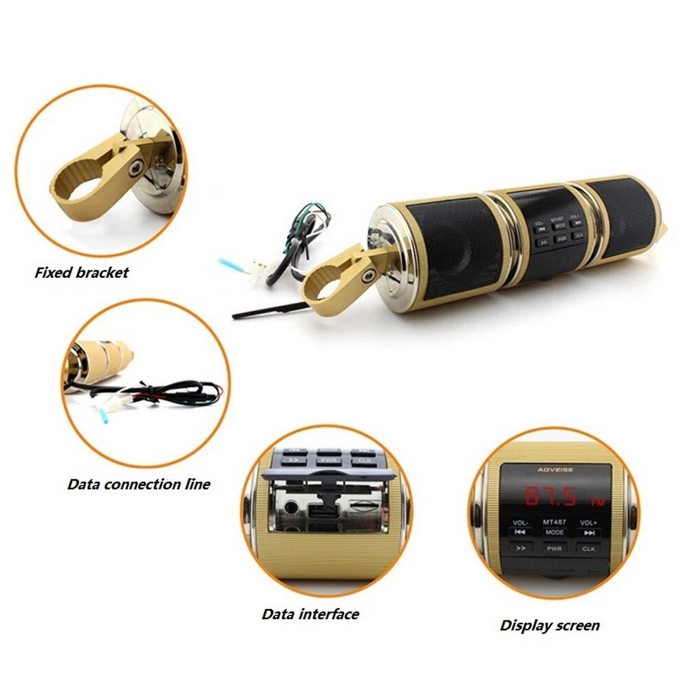 Reproductor de música con Bluetooth para motocicleta, altavoz estéreo MP3 de 12V para motocicleta, Radio FM, pantalla LED ajustable, resistente al agua, de