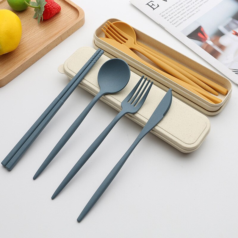 Couverts portables de voyage, boîte de couverts portables de voyage Style japonais couteau à paille de blé fourchette cuillère baguettes pour étudiants service de vaisselle de cuisine 4 pièces/ensemble