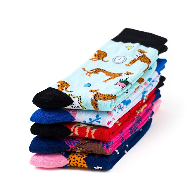 1 Pair Female Socks Cartoon Bear Deer Leopard Cute Funny Casual Women Cotton Sock Hosiery Streetwear Harajuku Crew Sock