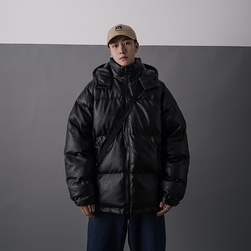 LAPPSTER Männer Japanischen Streetwear Leder Puffer Jacke Herren Hüfte hüpfen Schwarz Winter blasiert Jacken Mäntel Paar Koreanische Parka: Schwarz / XL