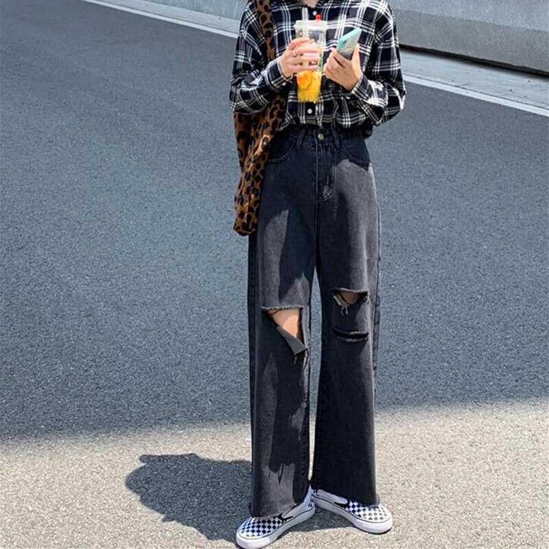 Dames jeans gescheurd hoge taille kleding wijde pijpen denim kleding streetwear vintage harajuku rechte broek: Xxl