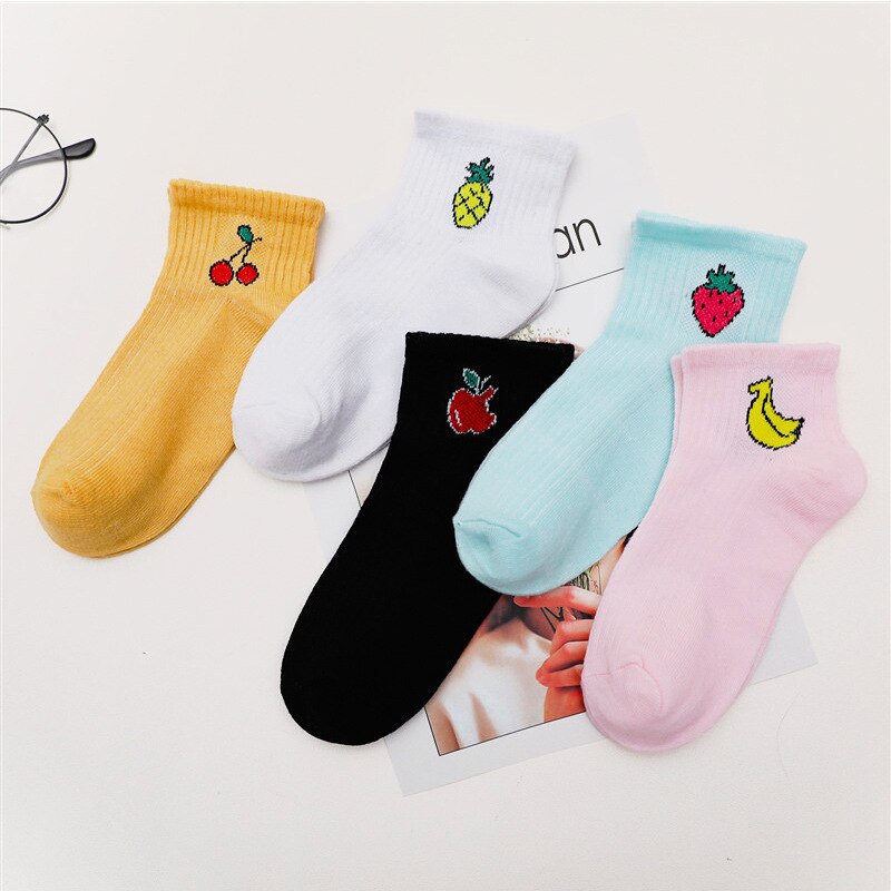 LJIQQ 5 pairs women candy fruit socks spring summer lady ankle socks embroidery female socks