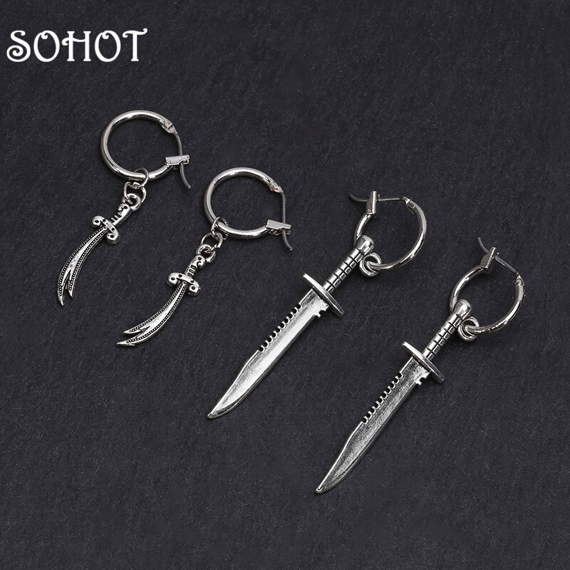 SOHOT Retro Tibetischen Silber Punk Dolch Schwert Messer Anhänger Männer Hoop Ohrringe Chic Trendy Weibliche Mann Schmuck Bijoux