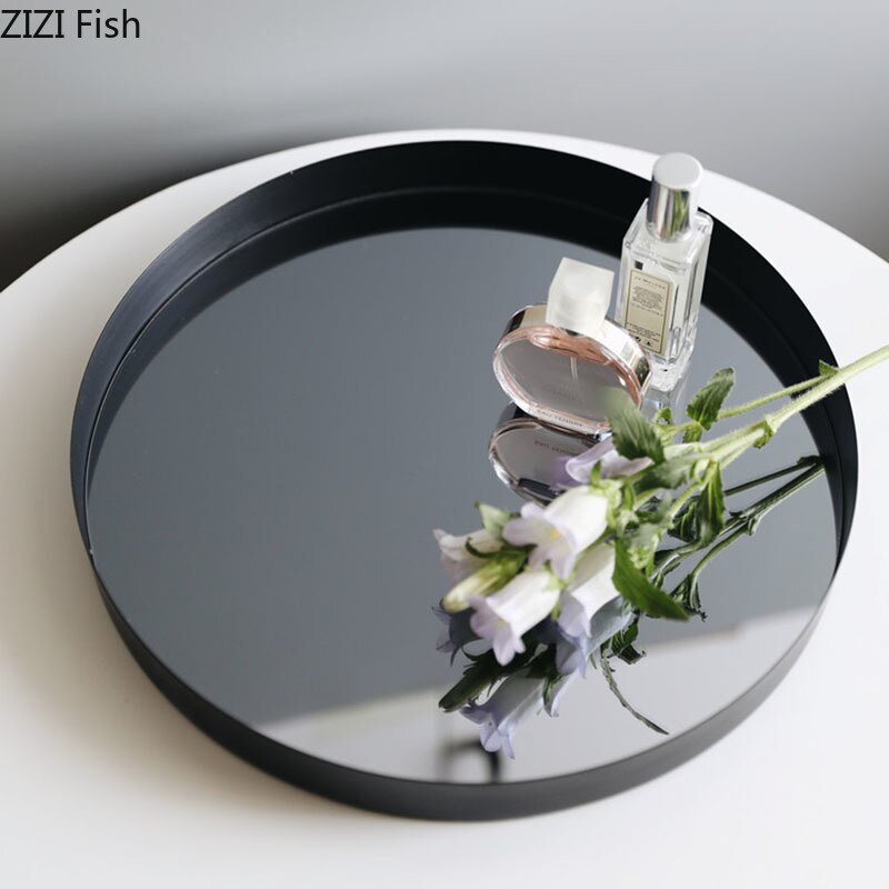 Black Mirror Glass Tray Metal Trays Decorative Storage Plate Dressing Table Jewelry Necklace Display Plate Cosmetics Organizer