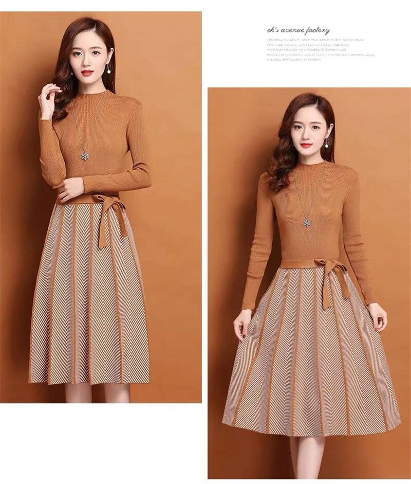 Knitted Sweater Pleated Dress Female Autumn Winter Dress Long Sleeve Sweater Women Dress Office Lady Casual Midi Dress