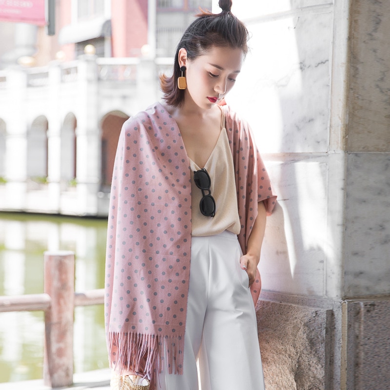 Høst vinter skjerf kvinner sjal dobbeltsidig skjerf faux kasjmir polka punktum lange dusker vinter fast skjerf 70 x 205cm