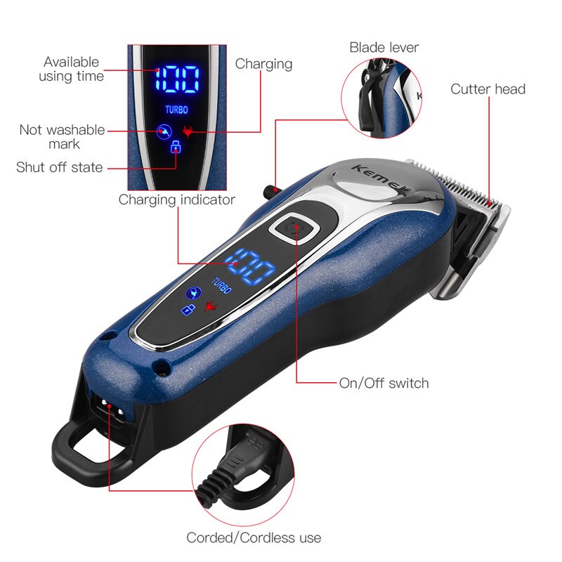 Kemei KM-1995 Professional Hair Clipper Men Cordless Hair Trimmer Stainless Steel Cutter Blade LCD Display Hair Cutting Machine