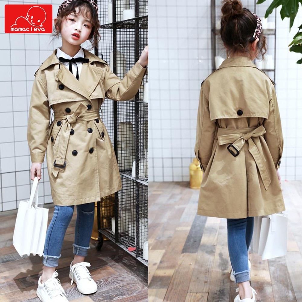 girls autumn spring trench coat double breasted kids jacket cotton children long windbreaker child casual outerwear