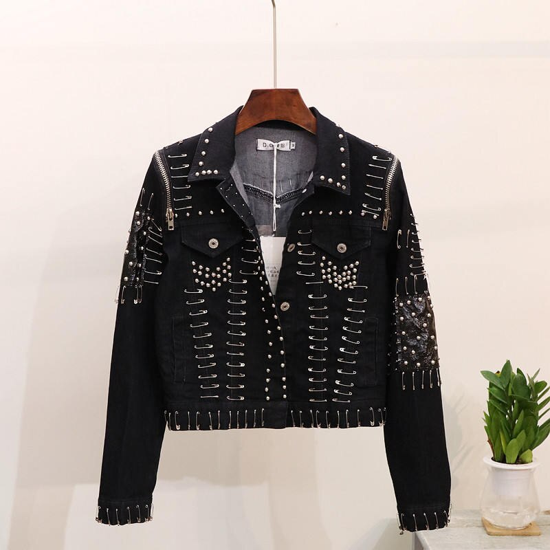 Neploe Autumn Jean Jacket Rivet Pin Short Denim Coats Female Korean Casacos Feminino Jean Jacket Outerwear 37257: black jacket / S