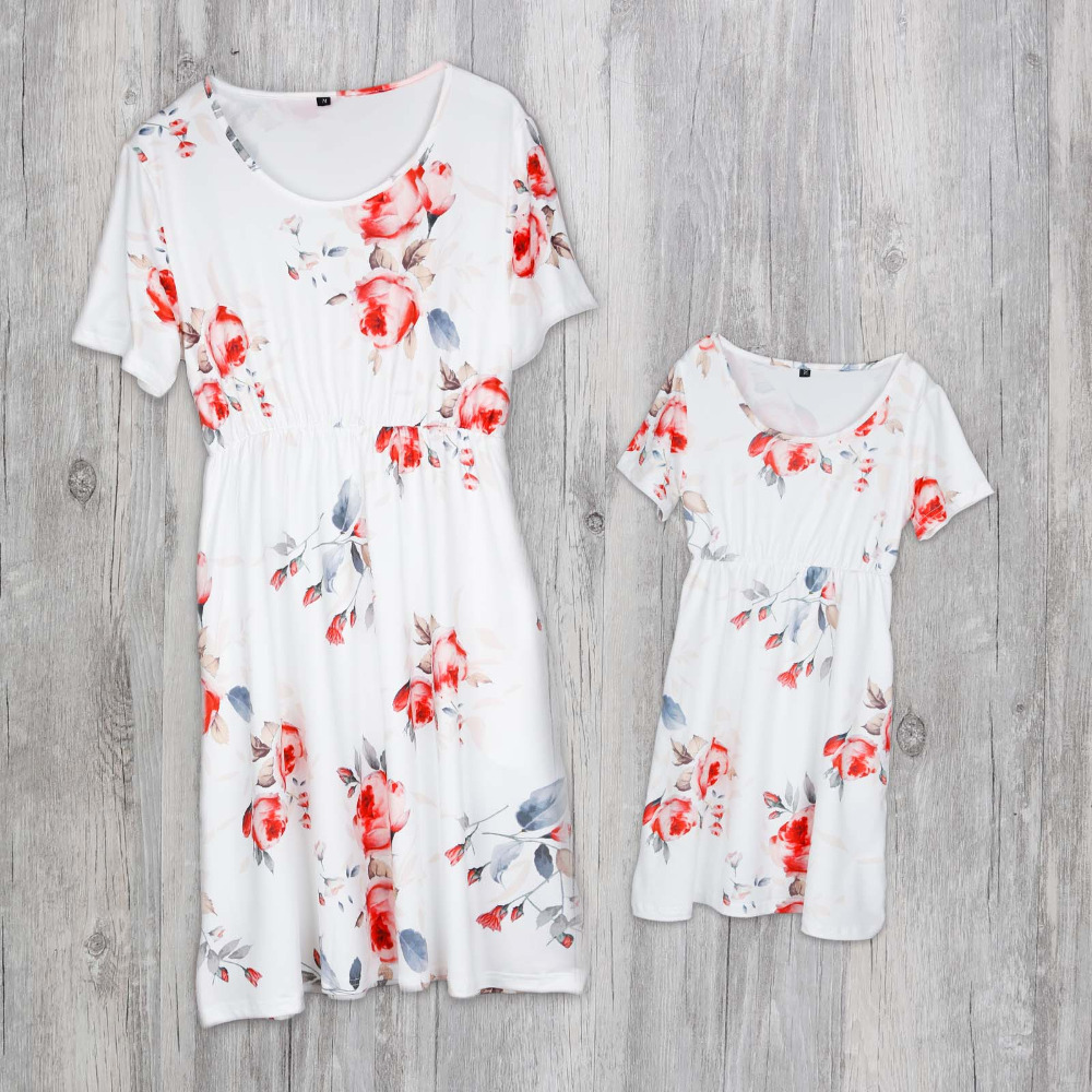 NASHAKAITE Moeder Dochter Jurken Zomer Korte Mouw Bloemenprint Pocket Knie Jurk Voor Moeder Dochter Mama en me kleding