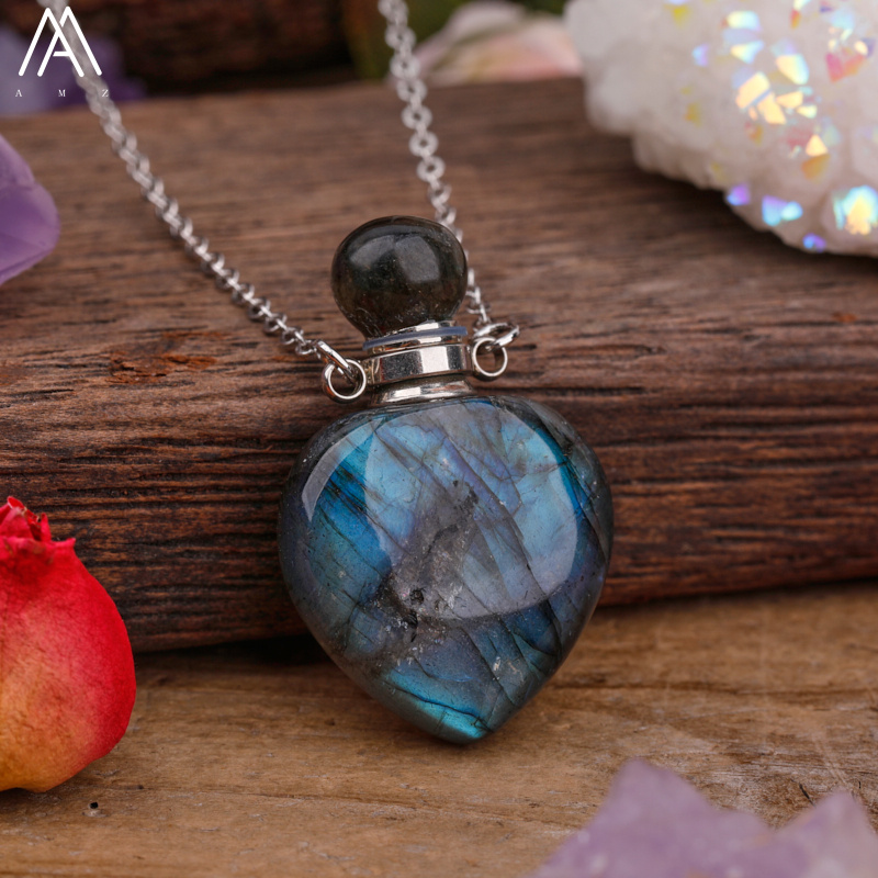 Arco-íris labradorite garrafa de óleo essencial perfume garrafa pingente colar moda feminina coração gem pedra jóias presente dropship