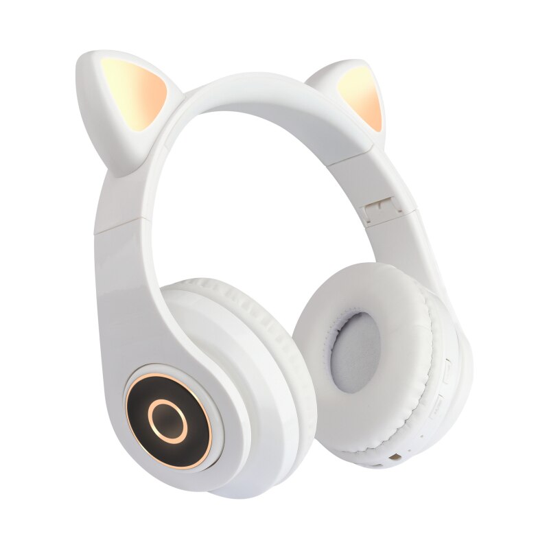 Auriculares inalámbricos con Bluetooth y micrófono para chica, cascos con orejas de gato, luz Flash, Decoración LED, estéreo, música, teléfono,: white