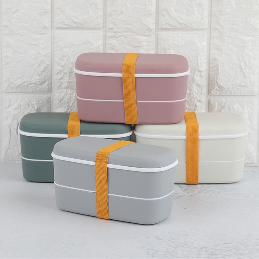 Lunch BoxJapanese Style Simple Double Student Lunch Box Portable Multi-layer Lunch Box with Tableware