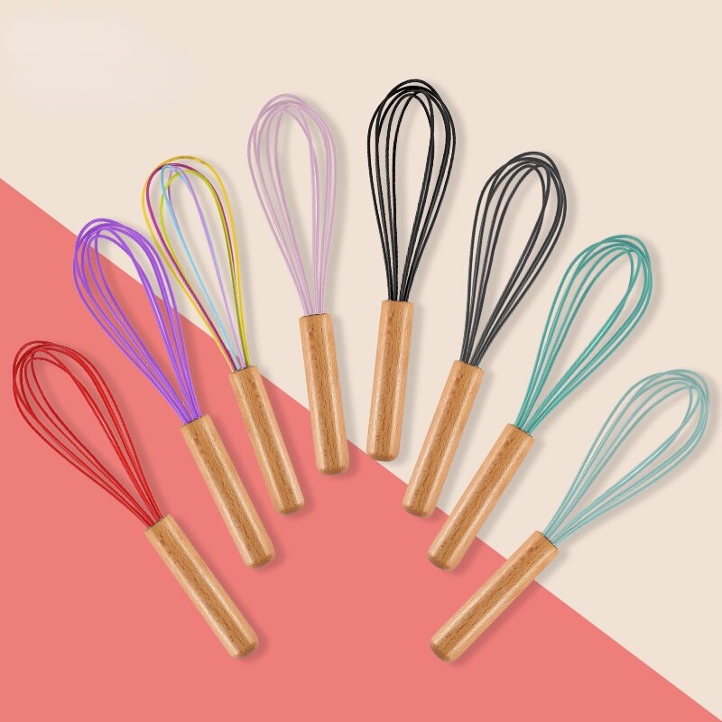 Wooden Handle Kitchen Silicone Whisk Easy To Clean Egg Beater Milk Frother Kitchen Utensil Kitchen Silicone Egg Beater Tool